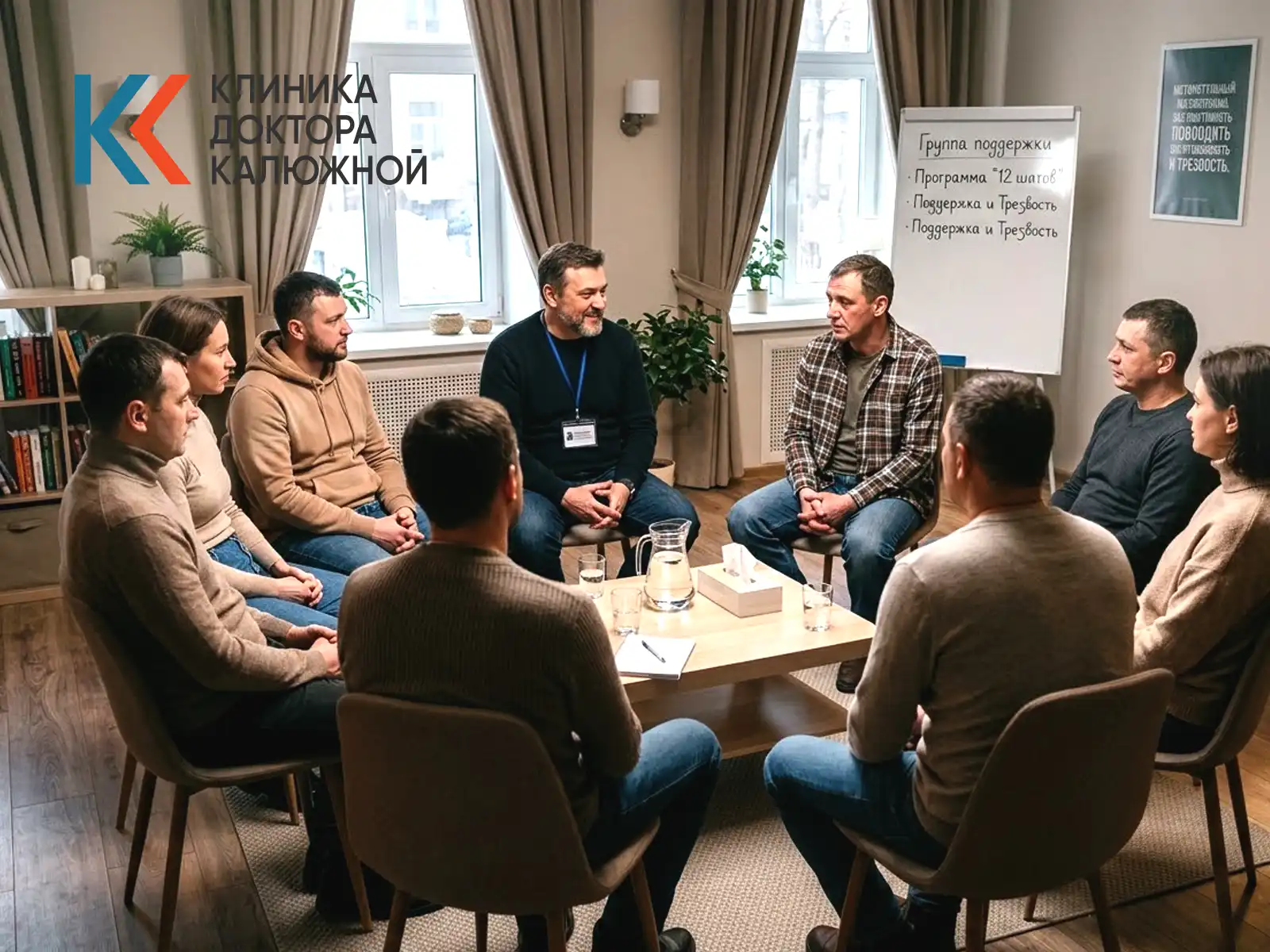 Групповой сеанс психотерапии в реабилитационном центре для пациентов с хронической стадией алкогольной зависимости.